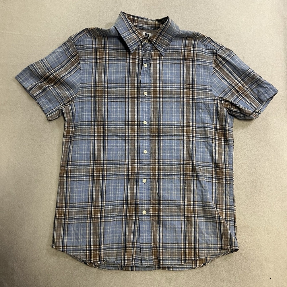 Vintage Gap Shirt Mens Size Large Blue Linen Cotton Blend Button Up Short Sleeve